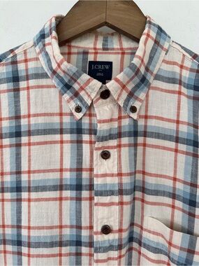 J. Crew Men’s Plaid Button-Down Shirt in Cream, Blue & Red-Orange, 💯 Cotton